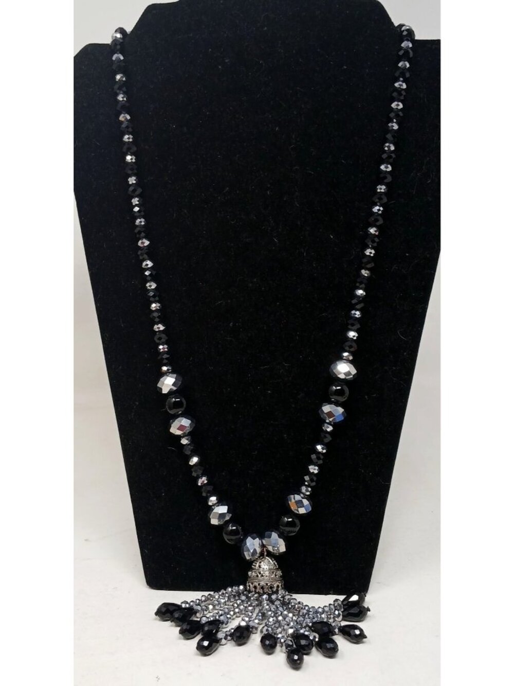 Charming Charlie Black & Silver Beaded Statement Necklace Faceted w/ Tassel #J-1